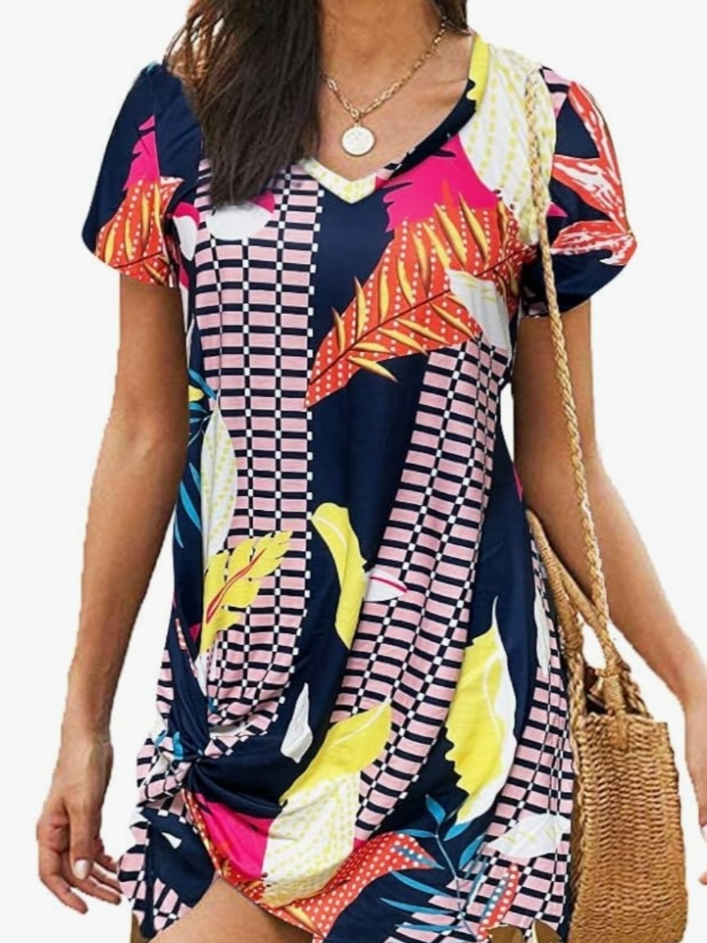 Women’s Tropical Print V-Neck T Shirt Dress